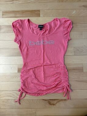 bebe Pink Striped Ruched Cap-Sleeve Tee